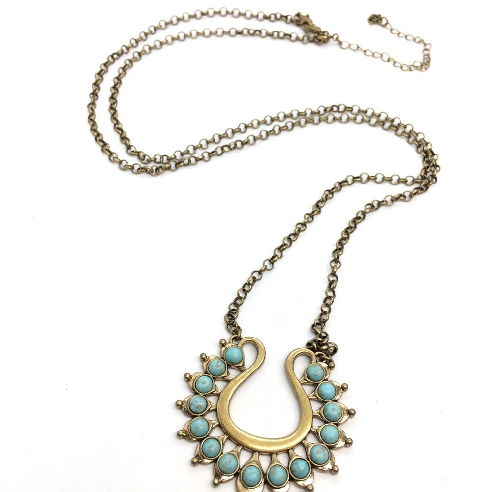 !!soLD!! PREMIERE DESIGNS LOTUS NECKLACE TURQUOISE BRASS GOLD TONE - Picture 3 of 13